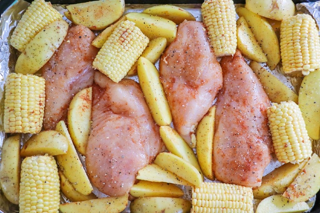 Baked BBQ Chicken Breast with Corn and Potatoes