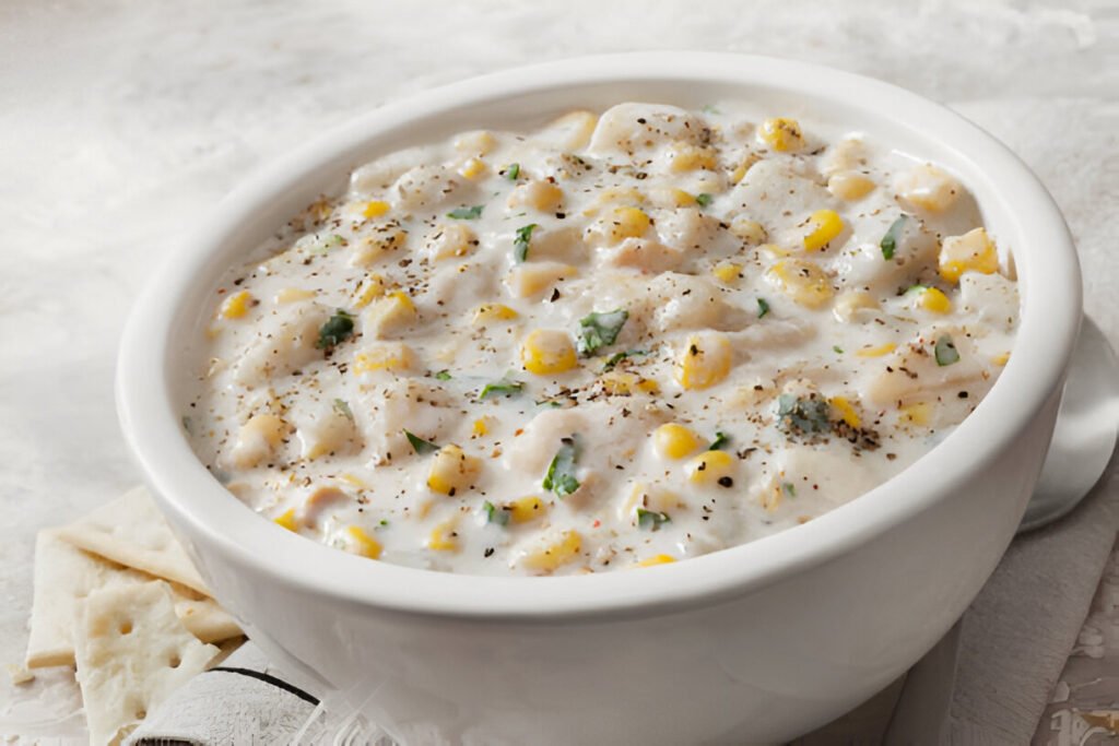 creamy corn and potato chowder with saltine crackers