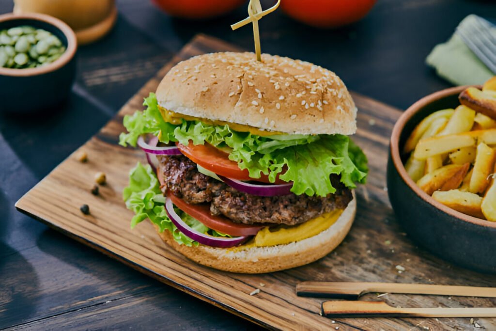 beef burger with french fries